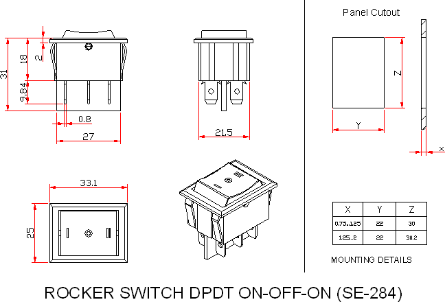 Dimensional drawing for SM284 Rocker Switch 6A DPDT On Off On