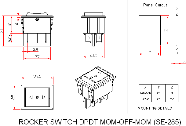 Dimensional drawing for SM285 Rocker Switch 6A DPDT Momentary Off Momentary