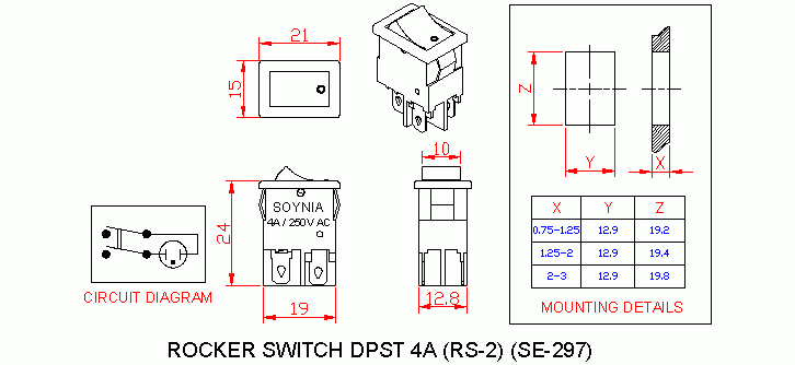 Dimensional drawing for SM297 Rocker Switch 4A RS-2 DPST On Off