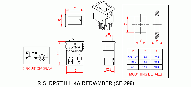 Dimensional drawing for SM298 Rocker Switch 4A DPST On Off Illuminated Red