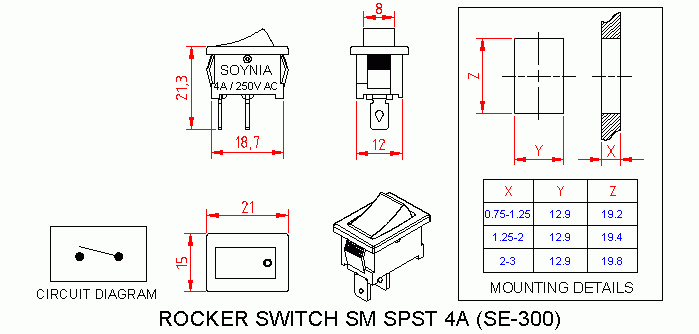 Dimensional drawing for SM300 Rocker Switch Small 4A SPST On Off