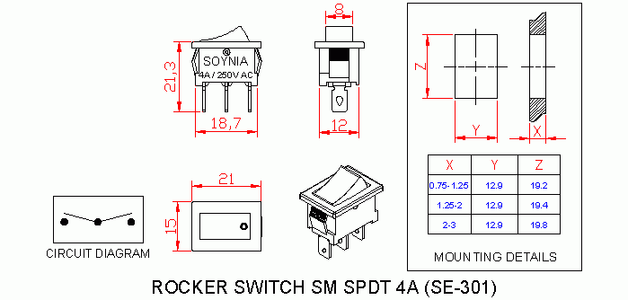 Dimensional drawing for SM301 Rocker Switch Small 4A SPDT On On