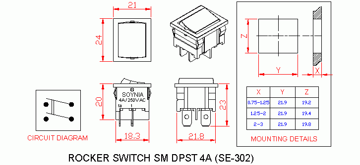 Dimensional drawing for SM302 Rocker Switch Small 4A DPST On Off