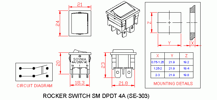 Dimensional drawing for SM303 Rocker Switch Small 4A DPDT On On