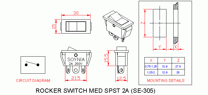 Dimensional drawing for SM305 Rocker Switch Medium 2A SPST On Off