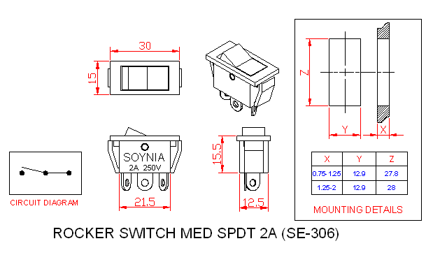 Dimensional drawing for SM306 Rocker Switch Medium 2A SPDT On On
