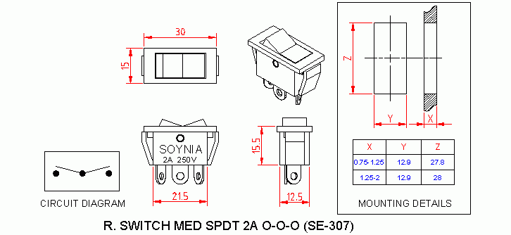 Dimensional drawing for SM307 Rocker Switch Medium 2A SPDT On Off On