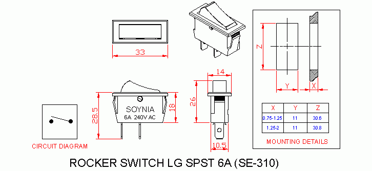 Dimensional drawing for SM310 Rocker Switch Large 6A SPST On Off