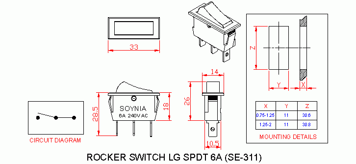 Dimensional drawing for SM311 Rocker Switch Large 6A SPDT On On