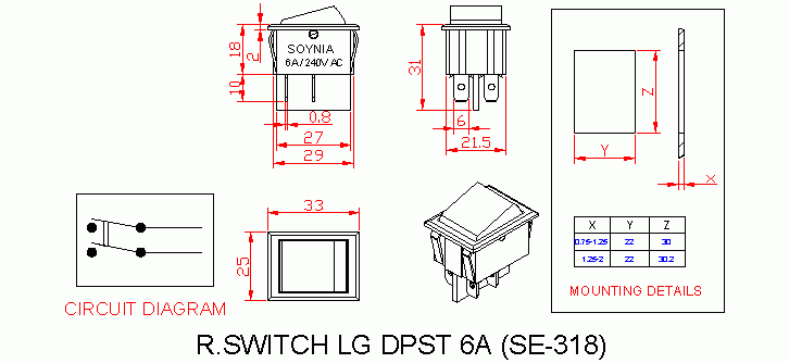 Dimensional drawing for SM318 Rocker Switch Large 6A DPST On Off