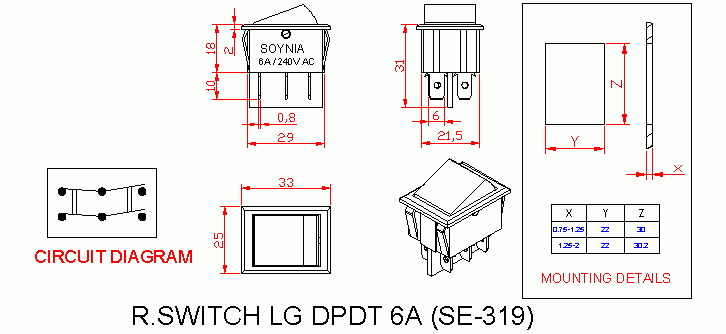 Dimensional drawing for SM319 Rocker Switch Large 6A DPDT On On