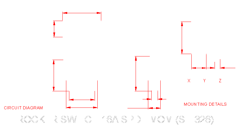 Dimensional drawing for SM326 Rocker Switch 16A SPDT MOM-OFF-MOM