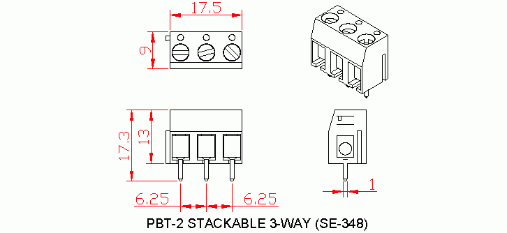 Dimensional drawing for SM348 PBT-2 Stackable 3 Way