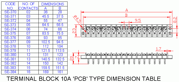 Dimensional drawing for SM373 Terminal Block "PCB" Type 10A 5 Way