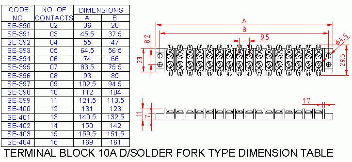Dimensional drawing for SM396 Terminal Block Double Solder Fork Type 10A 8 Way