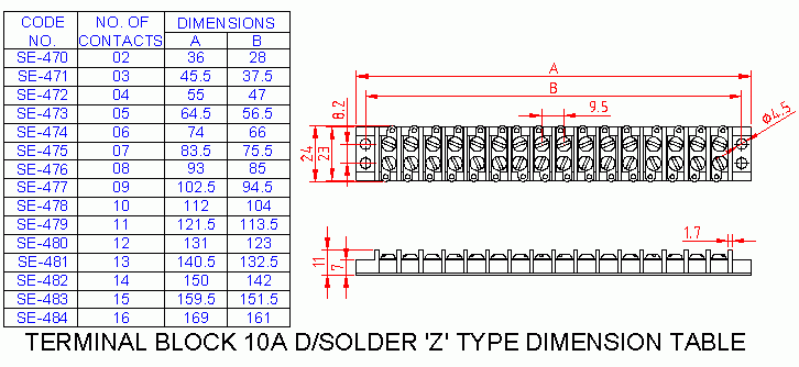 Dimensional drawing for SM475 Terminal Block Double Solder Z Type 10A 7 Way