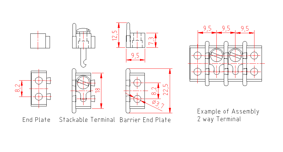 Dimensional drawing for SM485 Terminal Block Stackable L Type 10A 1 Way