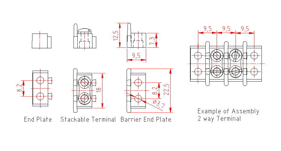 Dimensional drawing for SM486 Terminal Block Stackable Standard Type 10A 1 Way