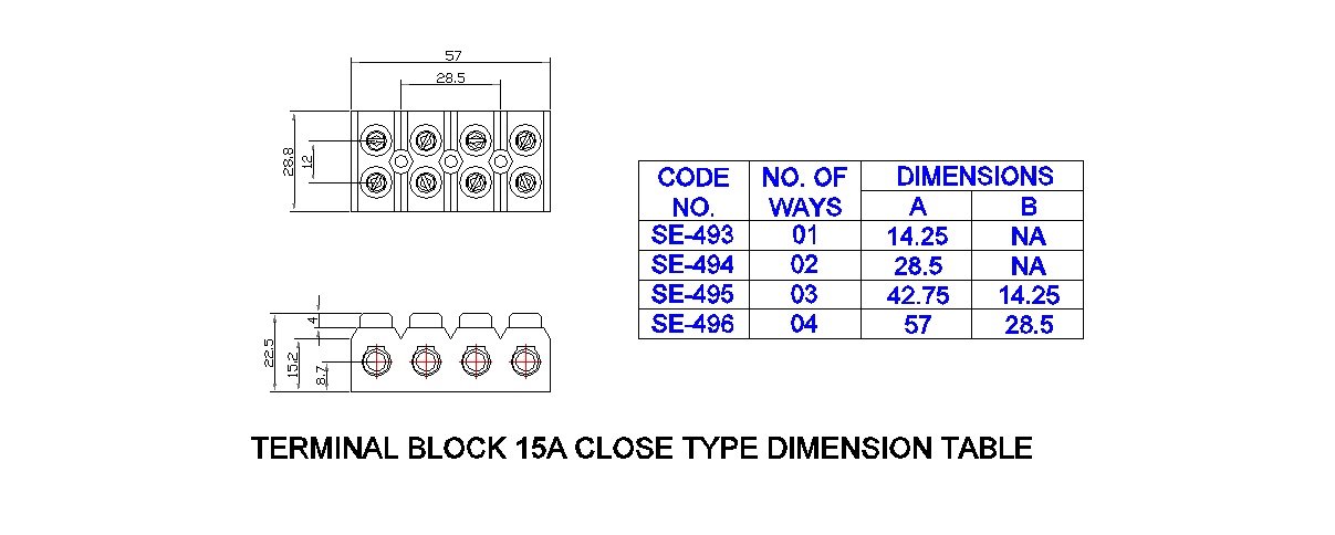 Dimensional drawing for SM494 Terminal Strip 15A Bakelite 2 Way
