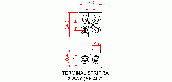 Dimensional drawing for SM497 Terminal Strip 6A Bakelite 2 Way