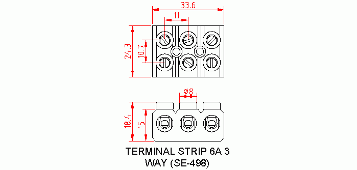 Dimensional drawing for SM498 Terminal Strip 6A Bakelite 3 Way