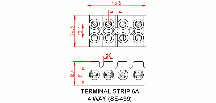 Dimensional drawing for SM499 Terminal Strip 6A Bakelite 4 Way