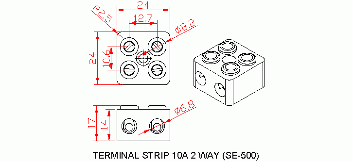 Dimensional drawing for SM500 Terminal Strip 10A Bakelite 2 Way