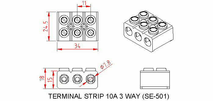 Dimensional drawing for SM501 Terminal Strip 10A Bakelite 3 Way