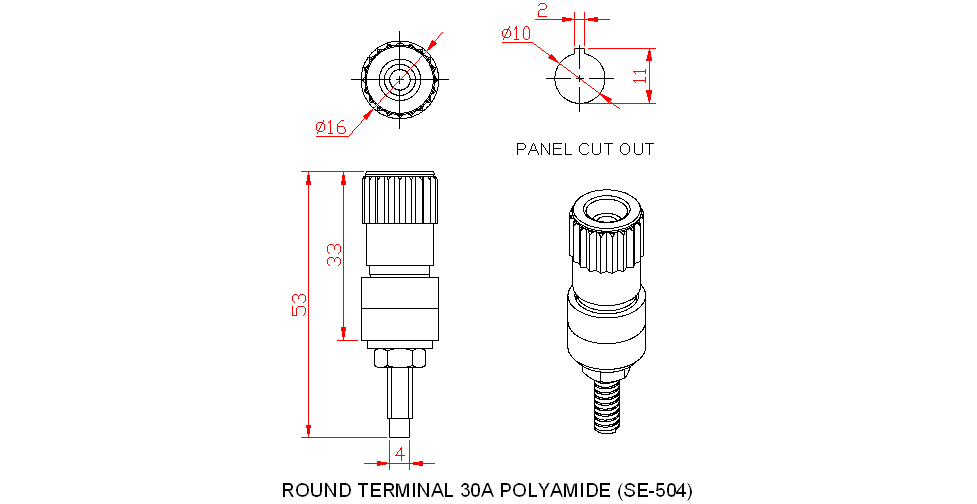 Dimensional drawing for SM504 Round Terminal 30A Polyamide