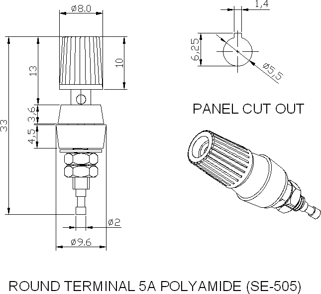Dimensional drawing for SM505 Round Terminal 5A Polyamide