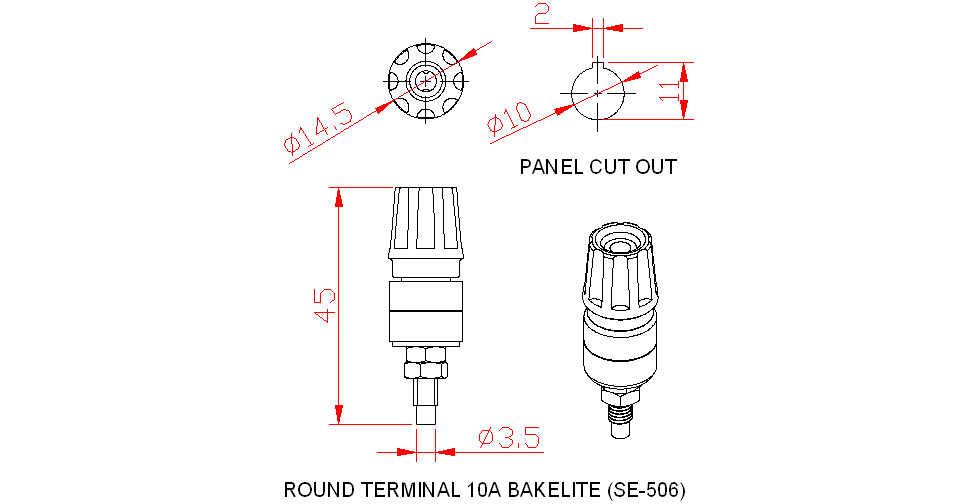 Dimensional drawing for SM506 Round Terminal 10A Bakelite