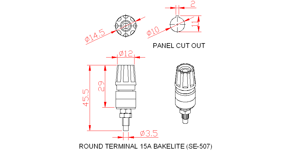 Dimensional drawing for SM507 Round Terminal 15A Bakelite