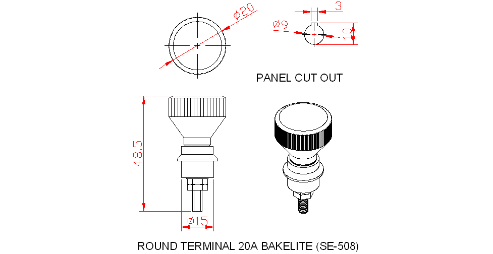 Dimensional drawing for SM508 Round Terminal 20A Bakelite