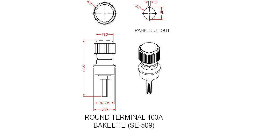 Dimensional drawing for SM509 Round Terminal 100A Bakelite