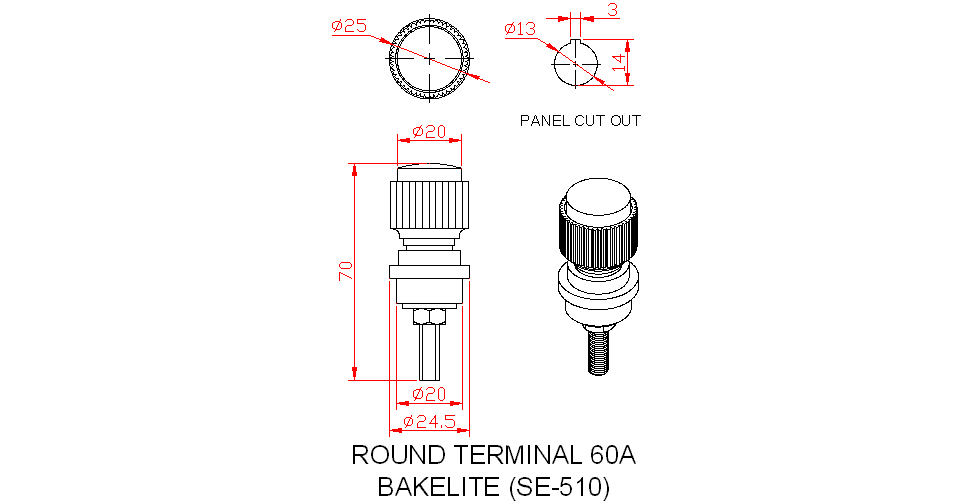 Dimensional drawing for SM510 Round Terminal 60A Bakelite