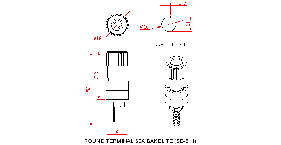 Dimensional drawing for SM511 Round Terminal 30A Bakelite
