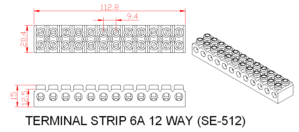 Dimensional drawing for SM512 Terminal Strip 6A Bakelite 12 Way