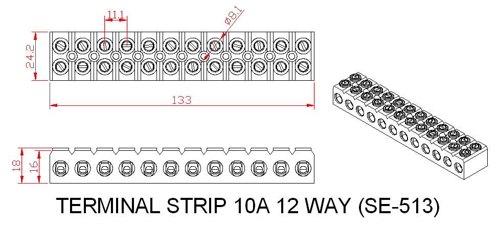Dimensional drawing for SM513 Terminal Strip 10A Bakelite 12 Way