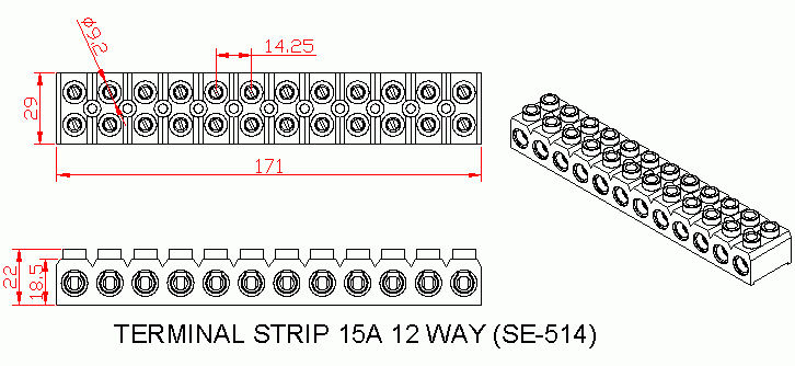Dimensional drawing for SM514 Terminal Strip 15A Bakelite 12 Way