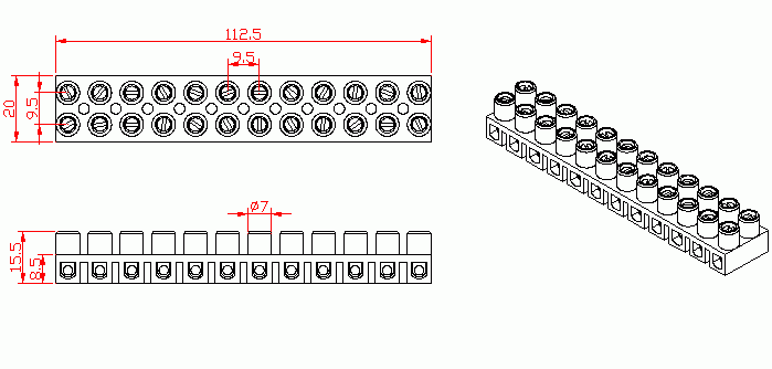 Dimensional drawing for SM515 Terminal Strip 6A Sleek 12 Way