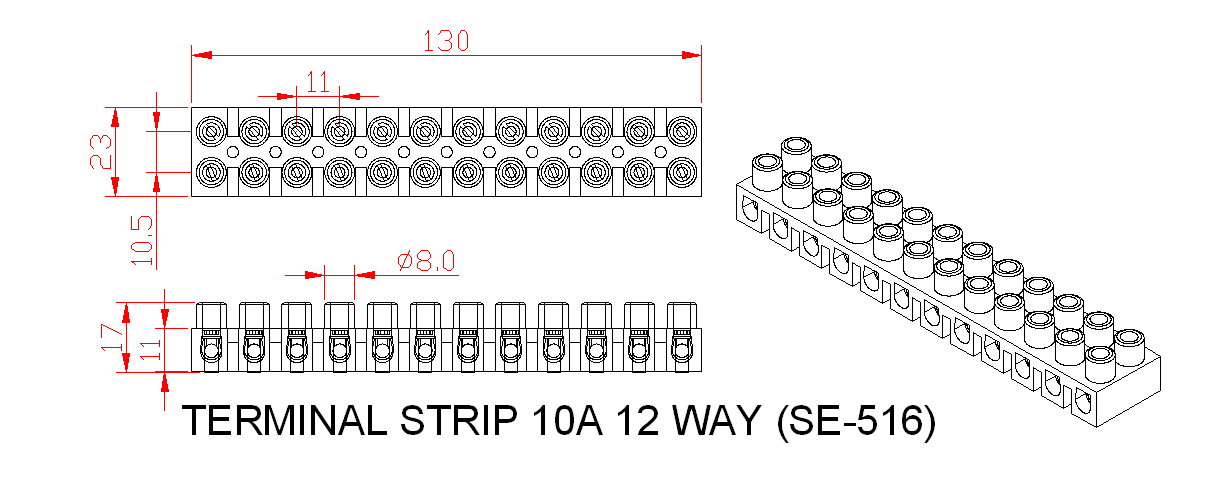 Dimensional drawing for SM516 Terminal Strip 10A Plastic 12 Way