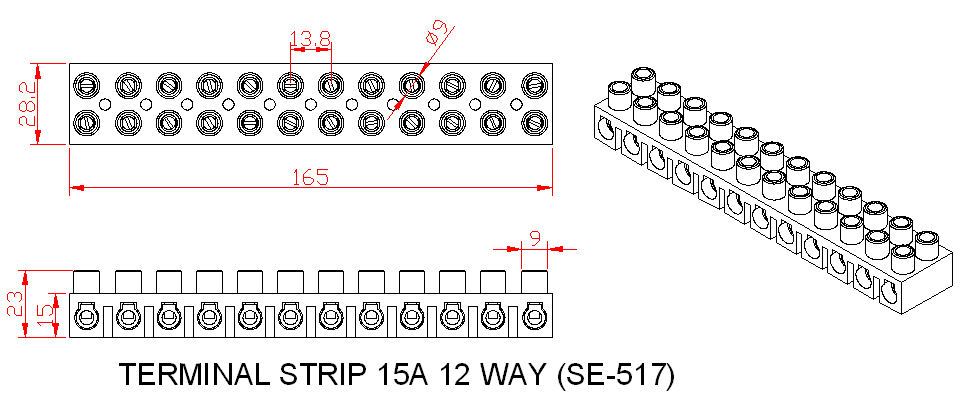 Dimensional drawing for SM517 Terminal Strip 15A Plastic 12 Way