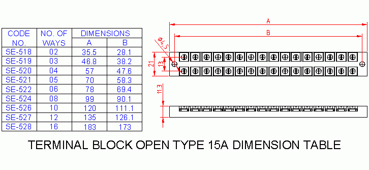 Dimensional drawing for SM528 Terminal Block Open Type 15A 16 Way