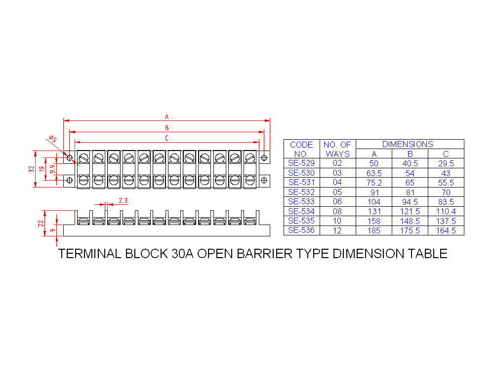 Dimensional drawing for SM533 Terminal Block Open Barrier Type 30A 6 Way