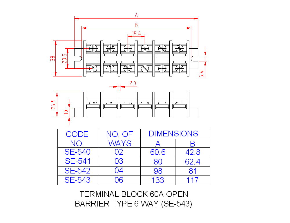 Dimensional drawing for SM540 Terminal Block Open Barrier Type 60A 2 Way