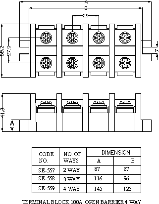 Dimensional drawing for SM559 Terminal Strip Open Barrier Type 100A 4 Way