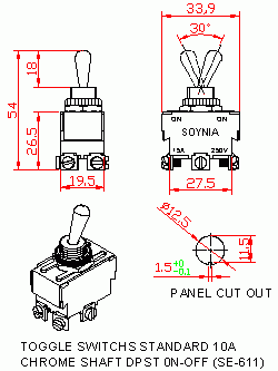 Dimensional drawing for SM611 Toggle Switches Standard 10A SPST On-Off