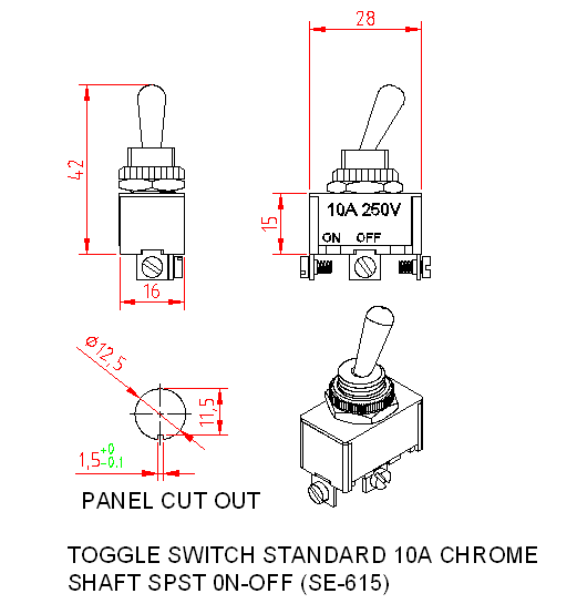 Dimensional drawing for SM615 Toggle Switches Standard 10A SPST On-Off