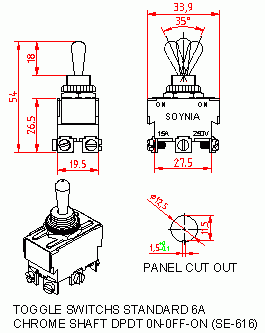 Dimensional drawing for SM616 Toggle Switches Standard 6A DPDT On Off On