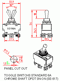 Dimensional drawing for SM617 Toggle Switches Standard 6A DPDT On On